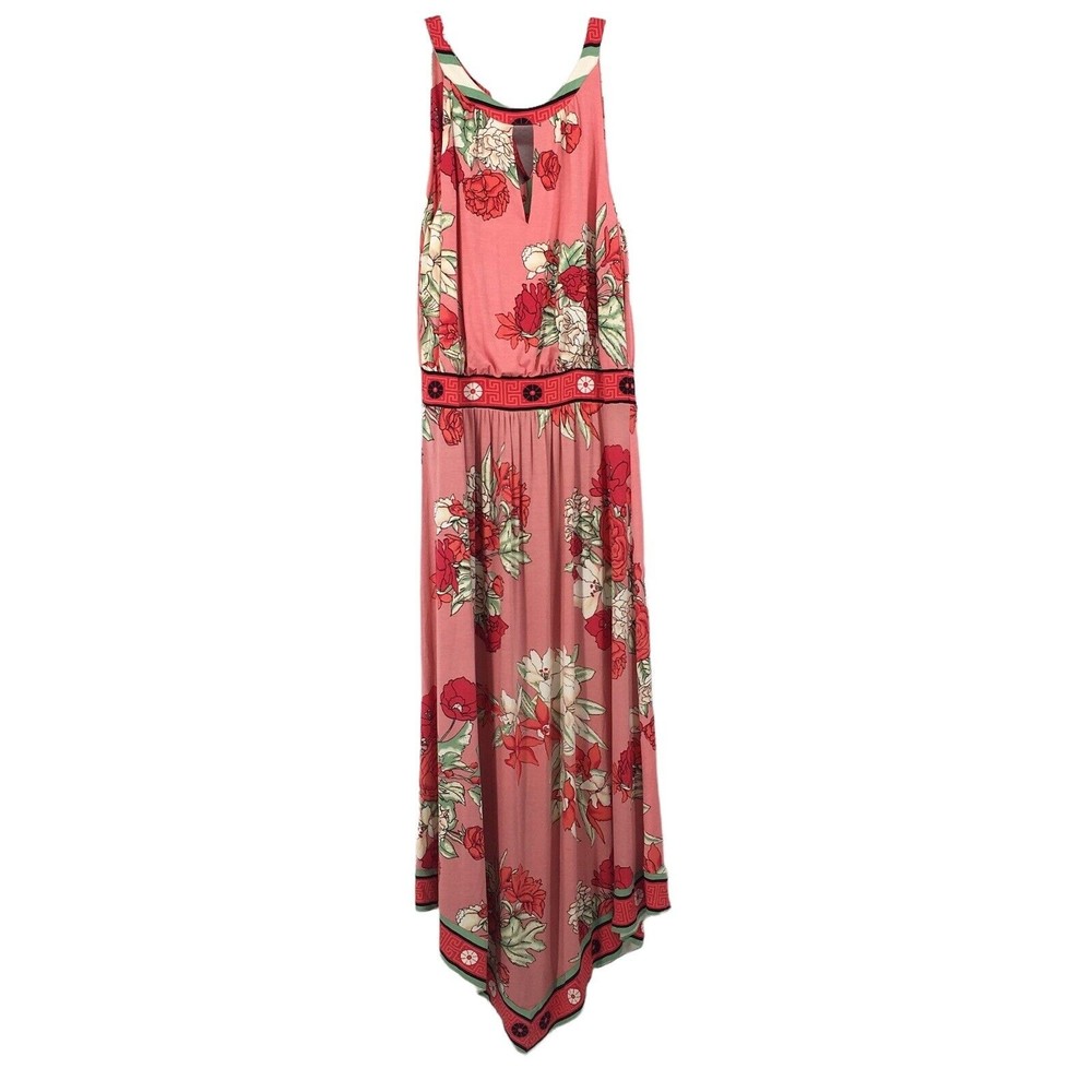 NWT Soma Sleeveless Maxi Dress Pink Floral Scarf Hem Ruched Waist Stretch Size M